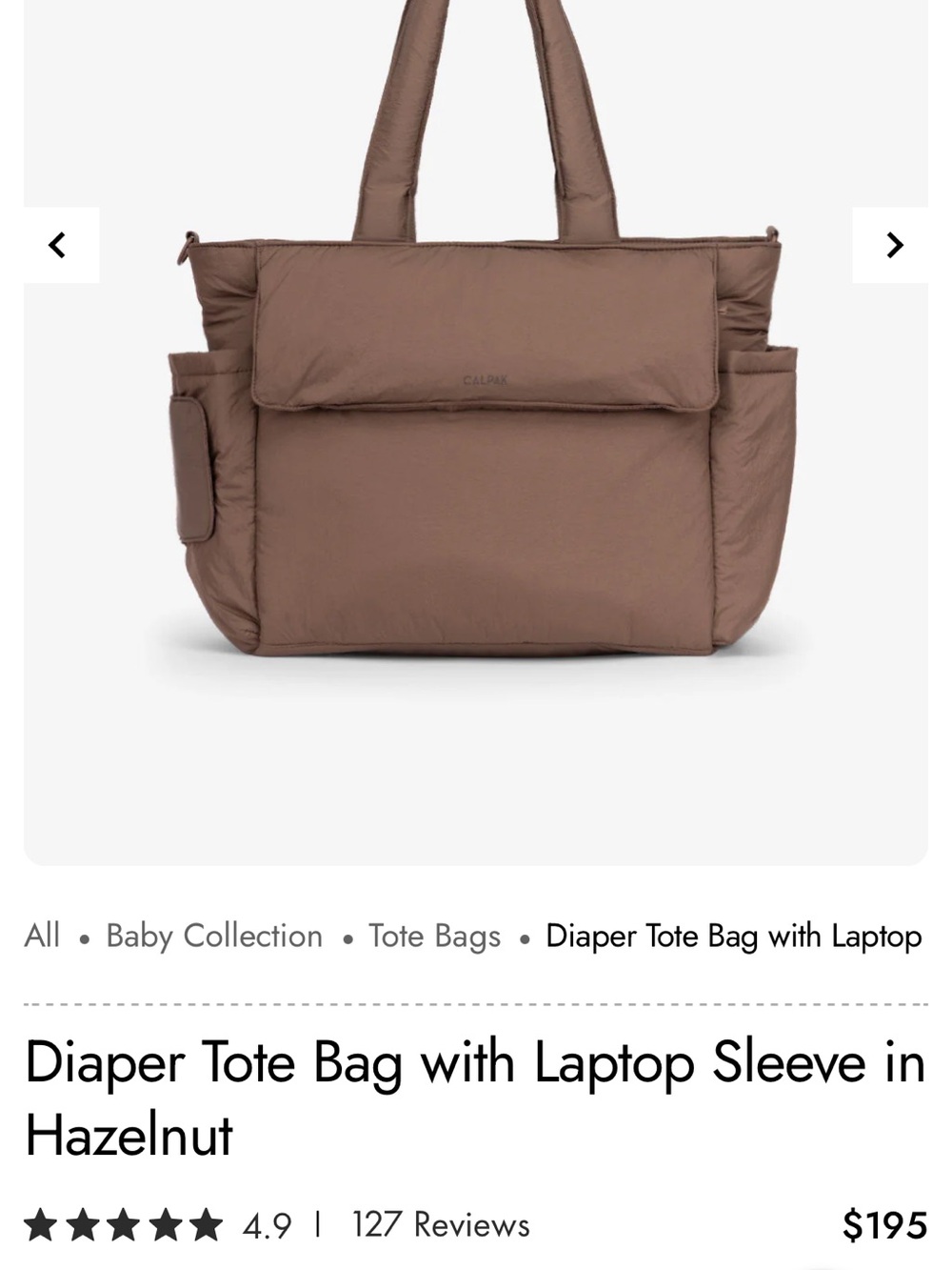 Calpak Hazelnut Diaper Bag with Laptop Sleeve